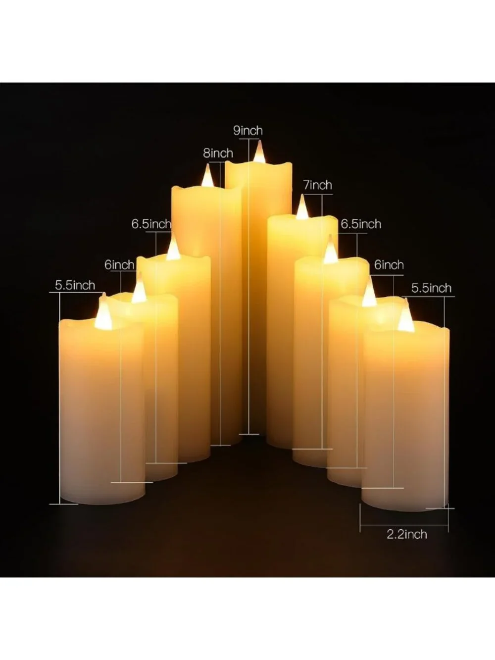 Rechargeable LED Flameless Candles with Remote & Timer - 9 Pack White Pillar